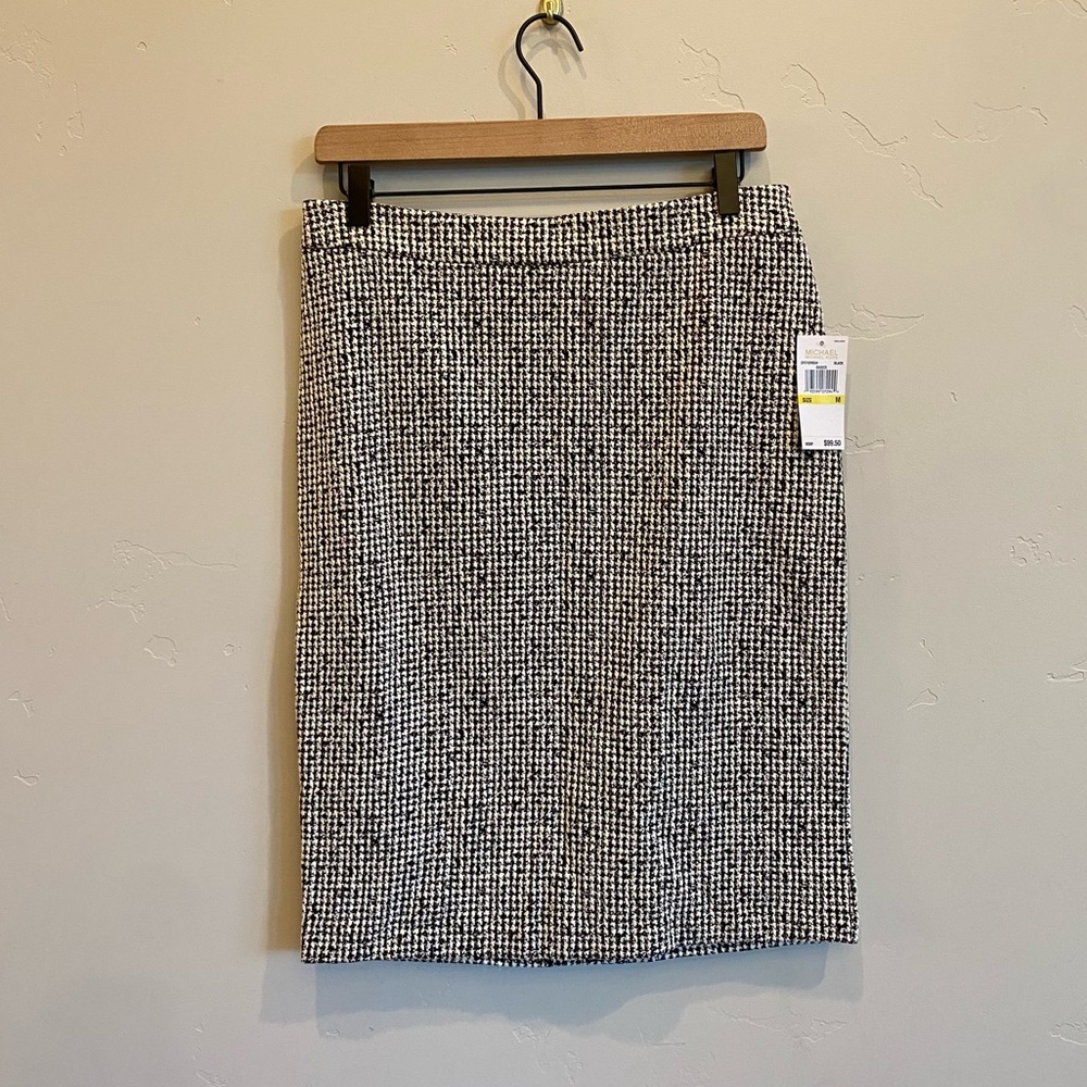 MICHAEL KORS Black & White Tweed Houndstooth Pencil Skirt